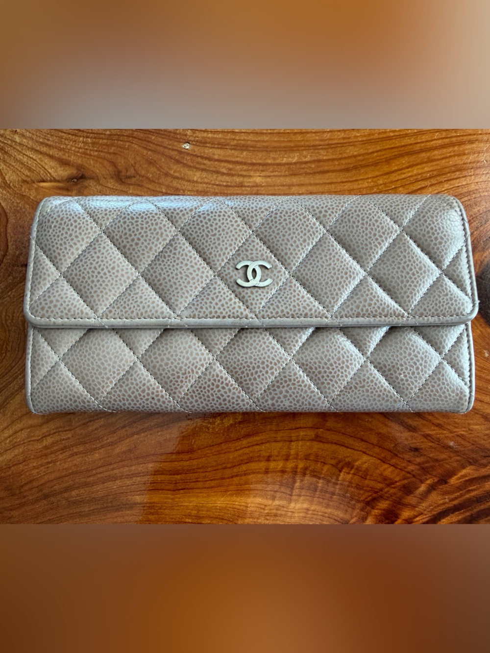 CHANEL Quilted Long Wallet in Taupe Gray with CC Logo